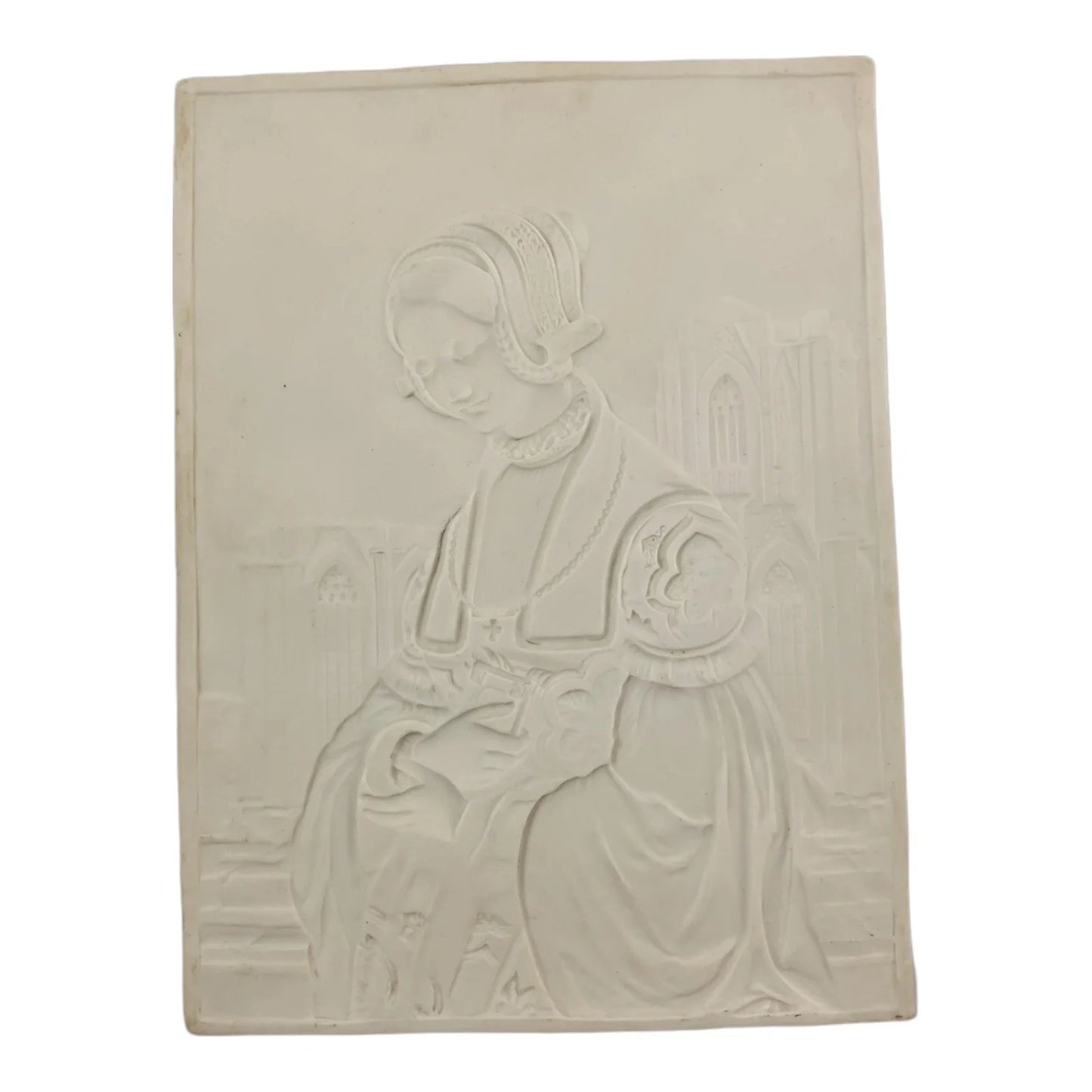19th century German porcelain lithophane of Renaissance religious young woman in front of Cologne Cathedral (The Churchgoer by Louis Blanc)
