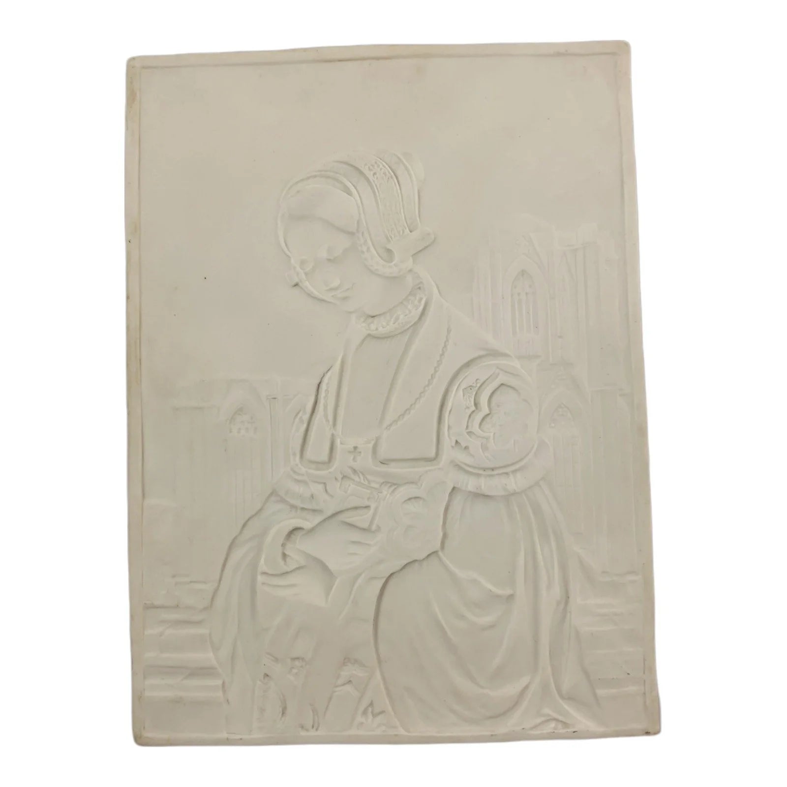 19th century German porcelain lithophane of Renaissance religious young woman in front of Cologne Cathedral (The Churchgoer by Louis Blanc)