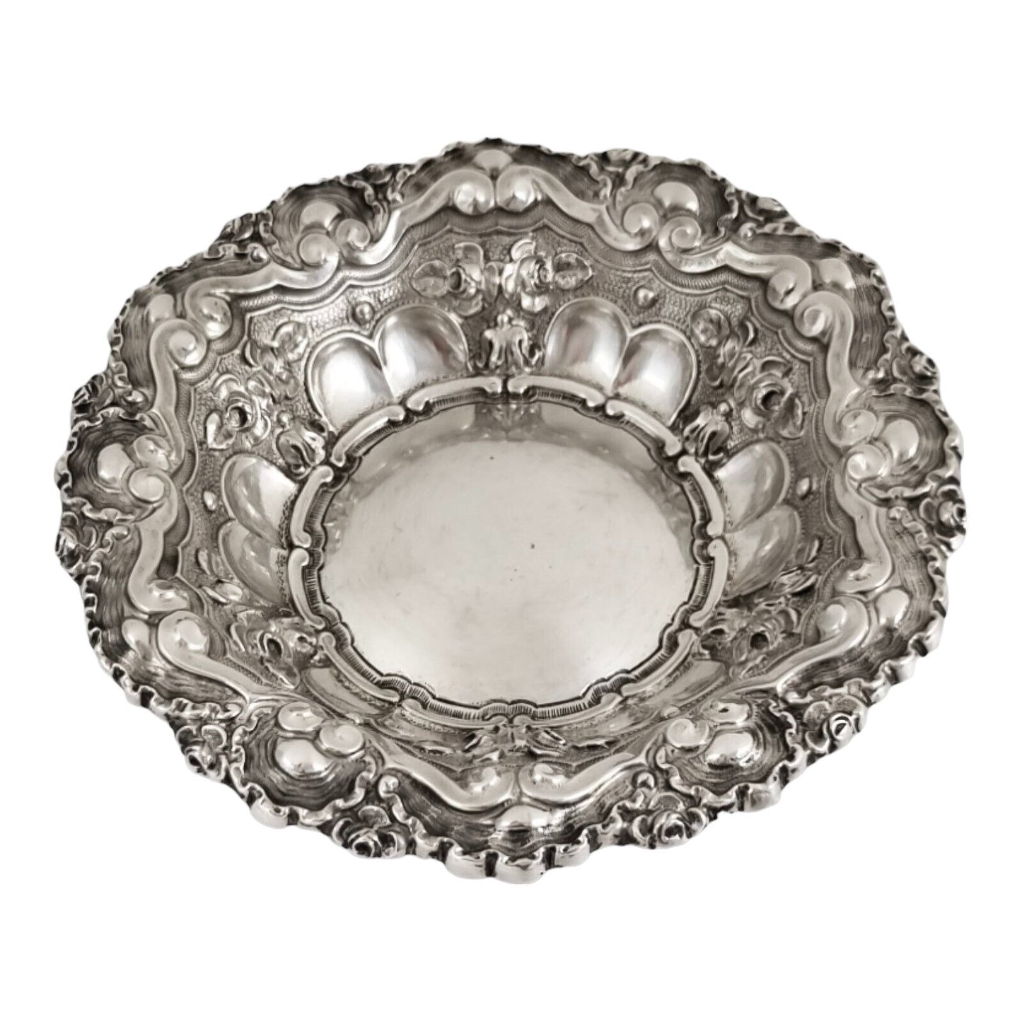Portuguese 833 silver fruit bowl, eagle mark, scrolls, shells and flowers with Rococo repoussage, Porto