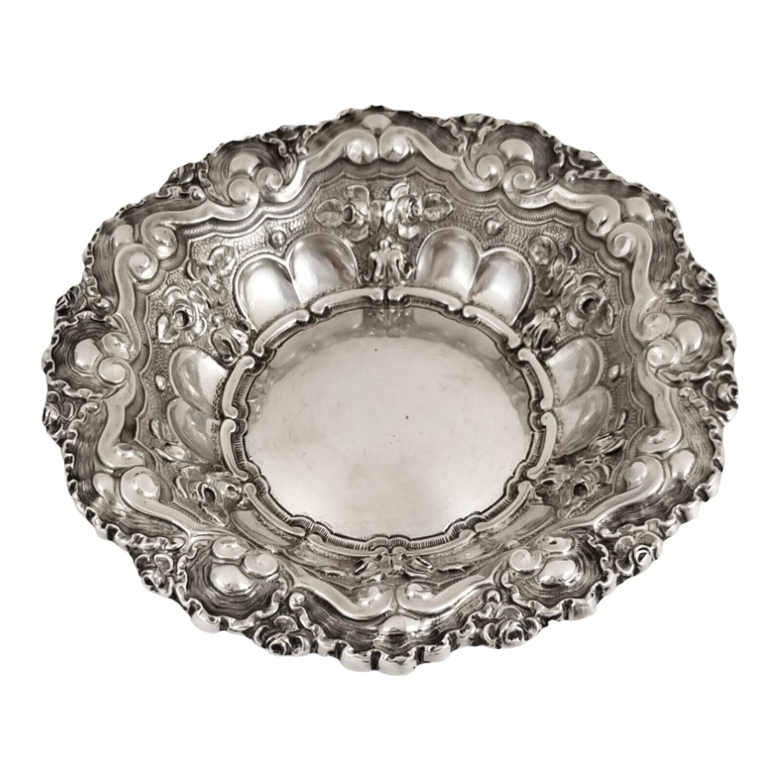 Portuguese 833 silver fruit bowl, eagle mark, scrolls, shells and flowers with Rococo repoussage, Porto