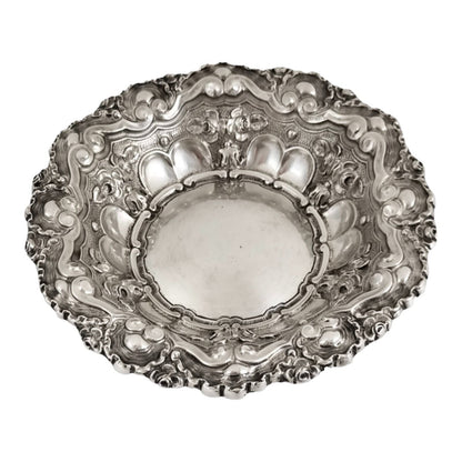 Portuguese 833 silver fruit bowl, eagle mark, scrolls, shells and flowers with Rococo repoussage, Porto