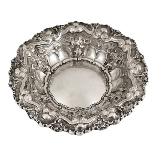 Portuguese 833 silver fruit bowl, eagle mark, scrolls, shells and flowers with Rococo repoussage, Porto