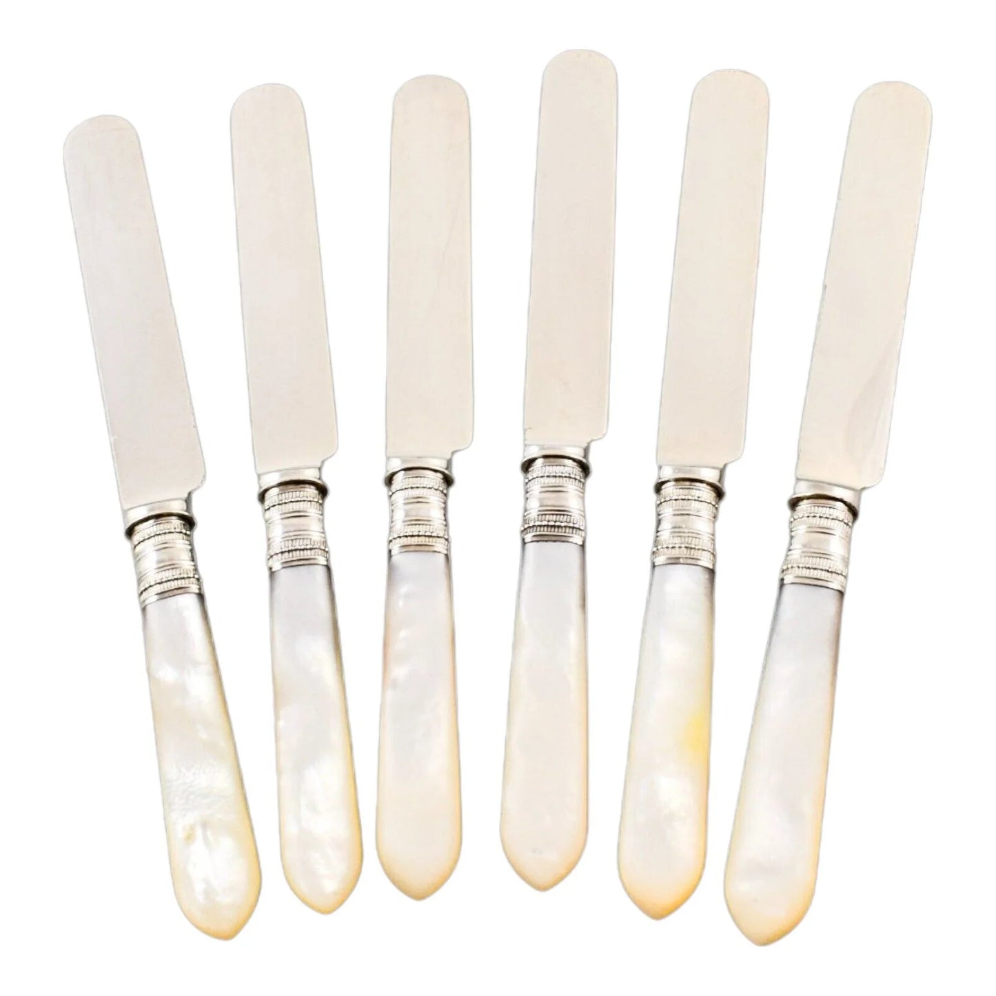 Cased Edwardian 6 person dessert fruit knife set with mother-of-pearl handles and engraved blades