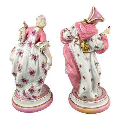 Vion & Baury Paris porcelain pair of 2 figurines of masquerade dancers in Rococo pink floral costumes