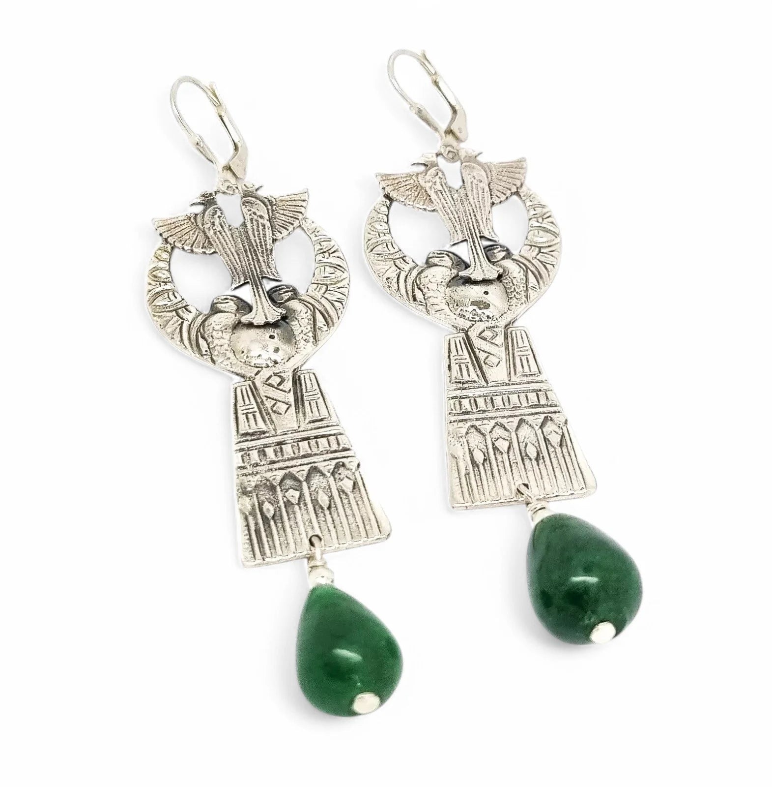 Art Deco Egyptian Revival sterling silver dangle earrings with green jade drops