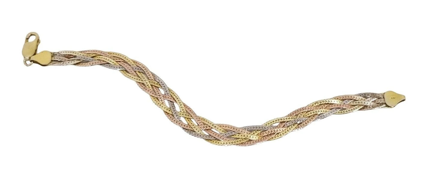 Vintage Italian 1980’s sterling silver triple-strand woven snake bracelet with yellow and rose gold-plating