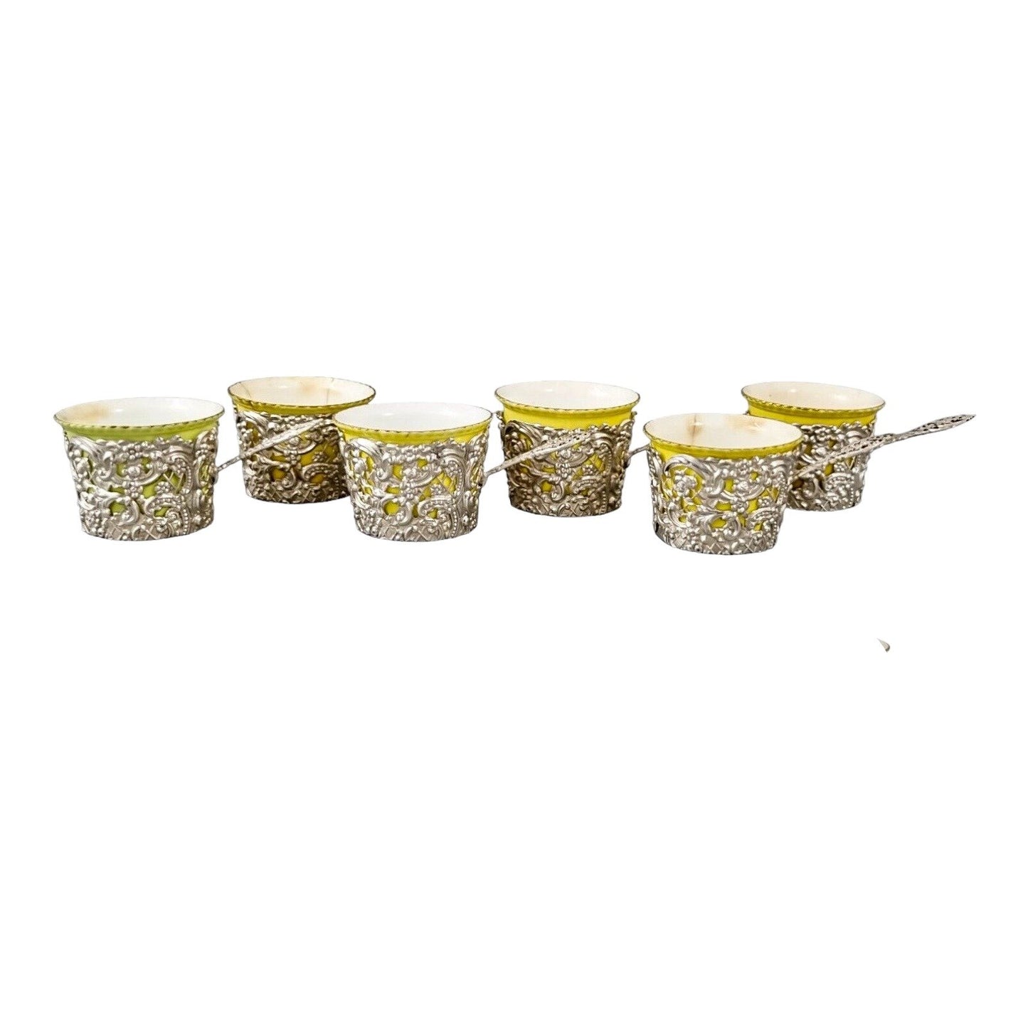 Cased set 6 Victorian porcelain demitasse coffee cups in sterling silver decorative holders, William Comyns