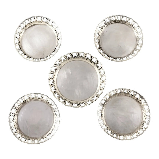 Vintage set of 5 Egyptian 900 solid silver Cairo wine bottle / glass coasters, 1950’s, lotus mark