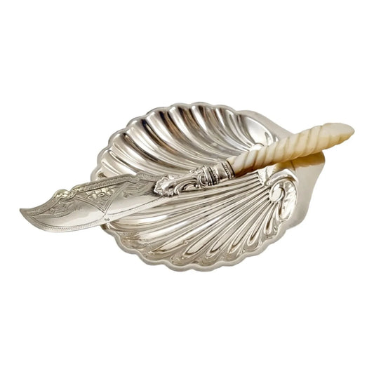 Antique sterling silver seashell butter dish with Art Nouveau mother-of-pearl knife