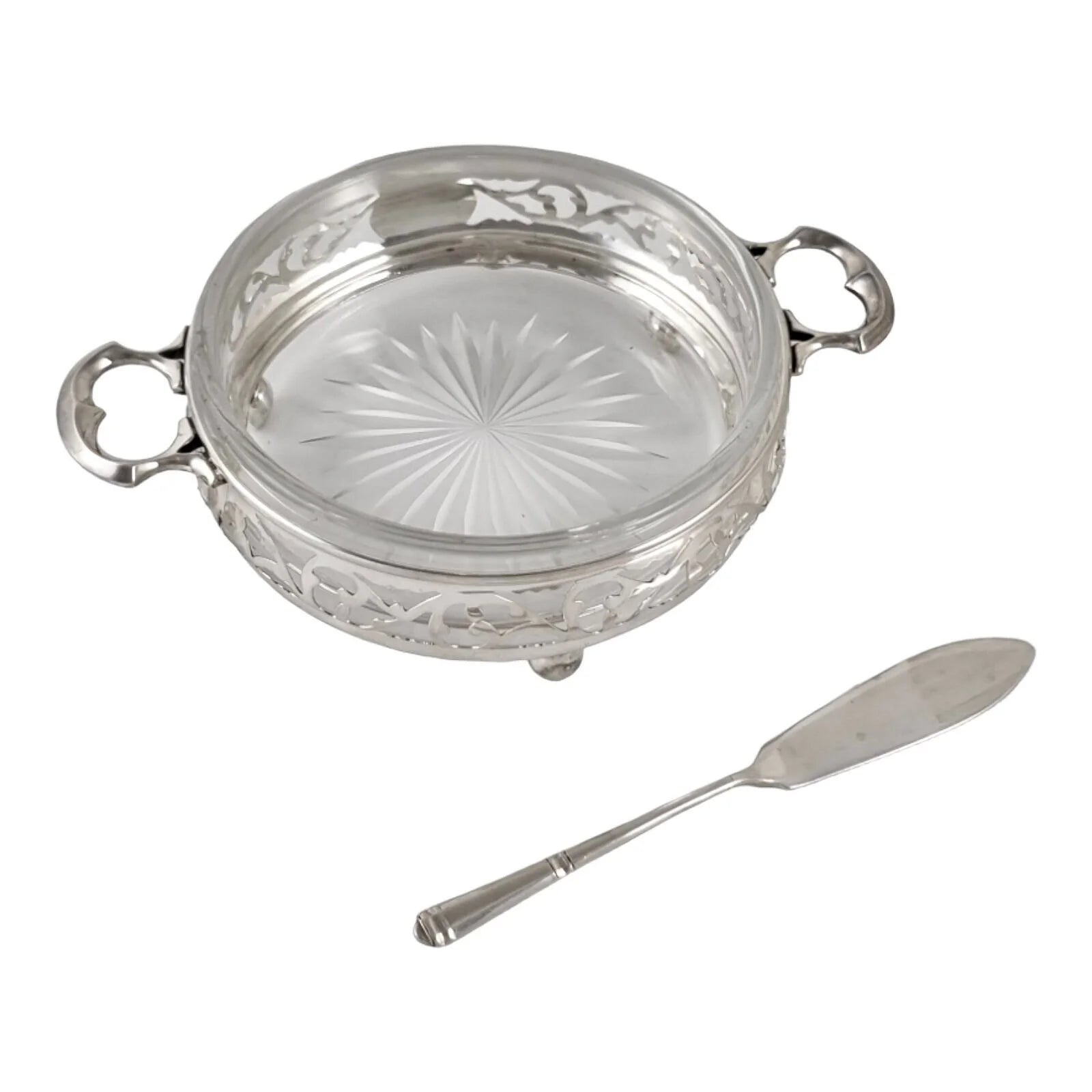 Edwardian Canadian Roden Bros sterling silver pierced butter / caviar dish and knife