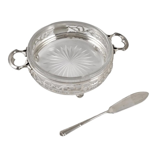 Edwardian Canadian Roden Bros sterling silver pierced butter / caviar dish and knife