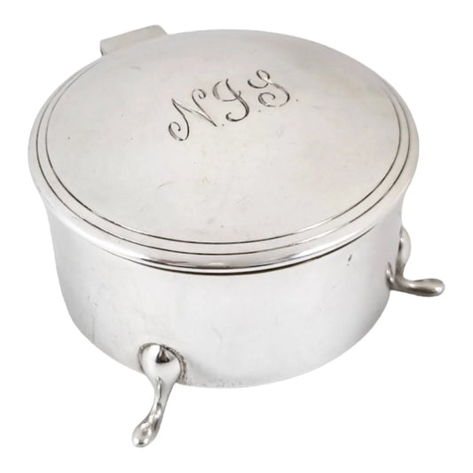 Large vintage sterling silver keepsake trinket toilet box, round body on hoof feet