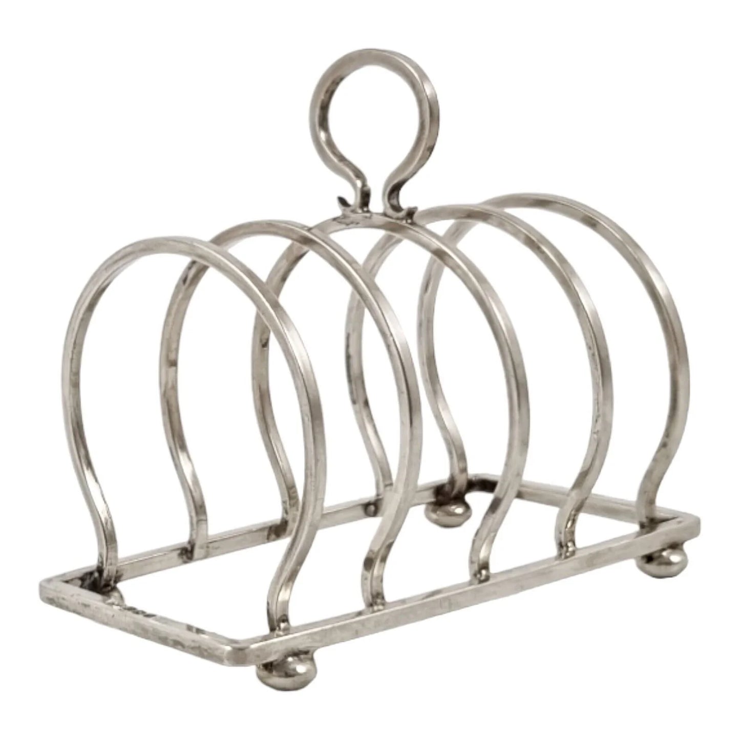George V round sterling silver 4 slot 5 bar toast rack raised on bun feet, Walker & Hall