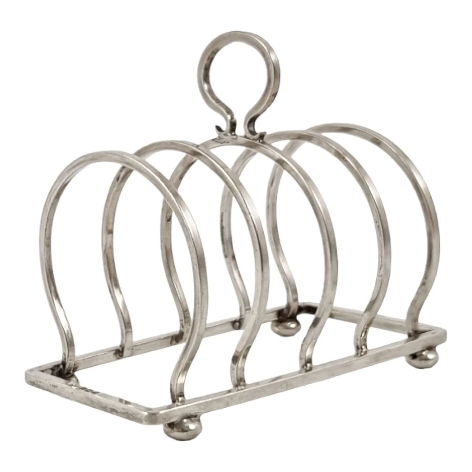 George V round sterling silver 4 slot 5 bar toast rack raised on bun feet, Walker & Hall