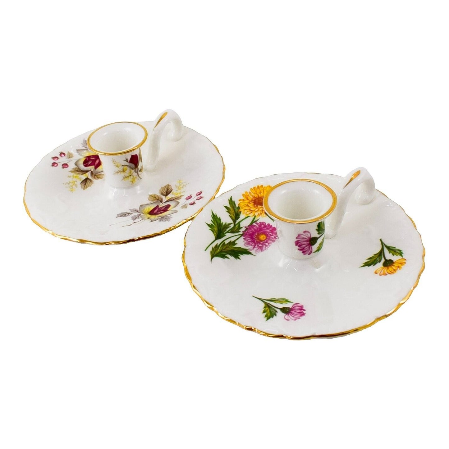 Hammersley and Co pair of bone china chambersticks moulded with scrolls and gilded