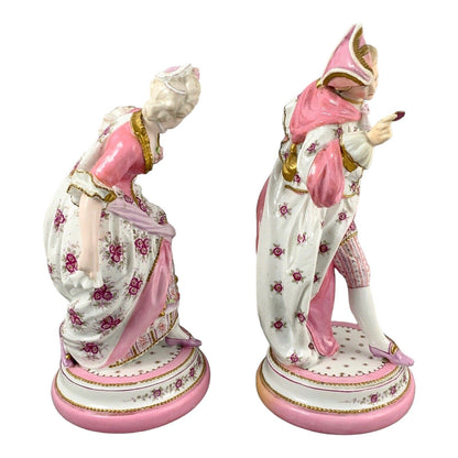 Vion & Baury Paris porcelain pair of 2 figurines of masquerade dancers in Rococo pink floral costumes