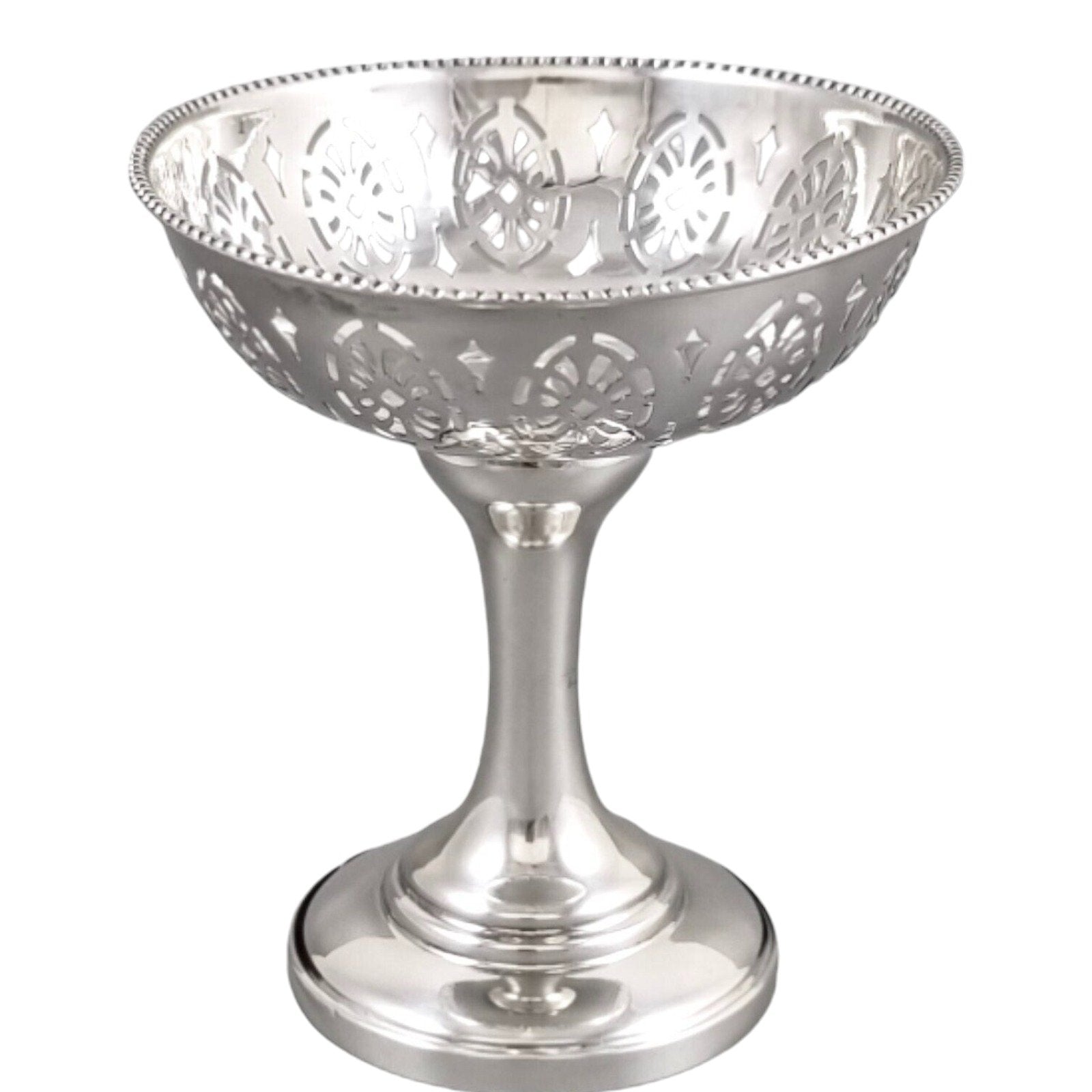 Continental solid silver Edwardian bonbon candy basket / pedestal bowl with pierced decoration