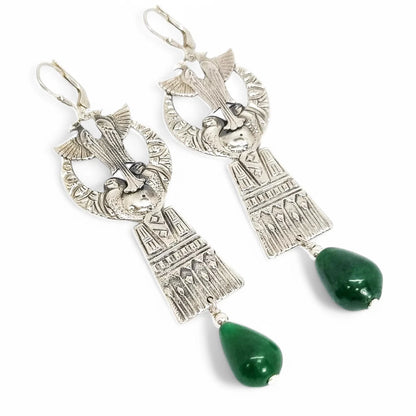 Art Deco Egyptian Revival sterling silver dangle earrings with green jade drops