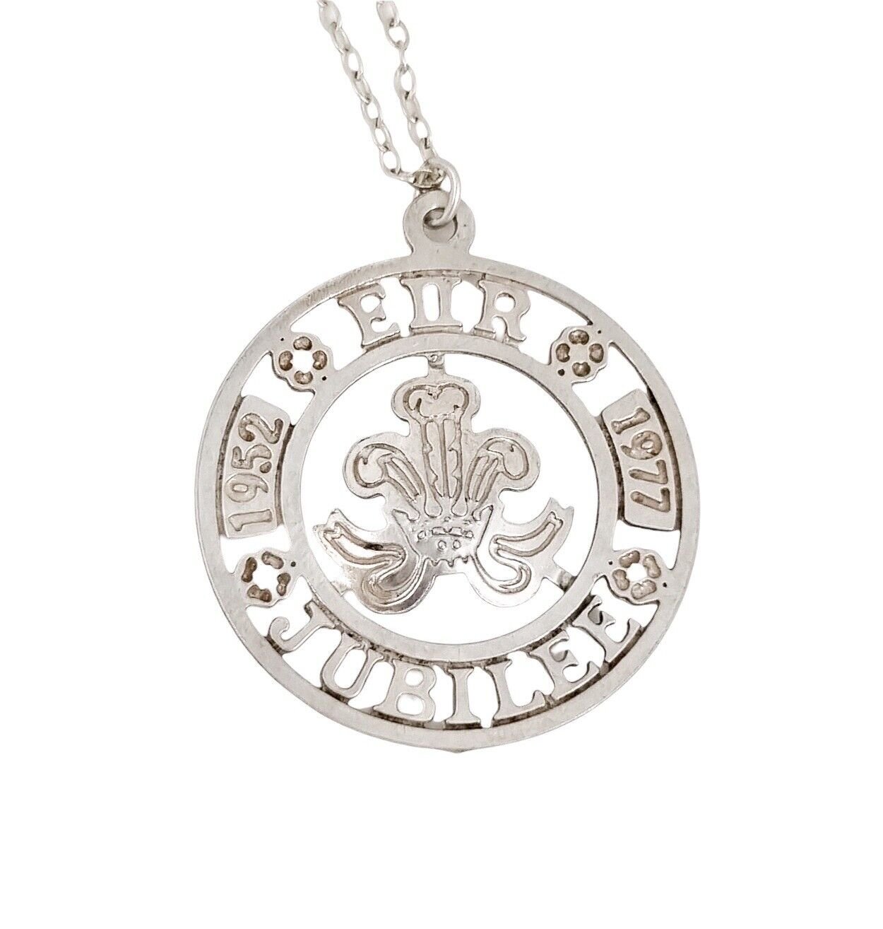 Vintage Elizabeth II 1977 Silver Jubilee openwork pendant necklace on sterling rolo chain