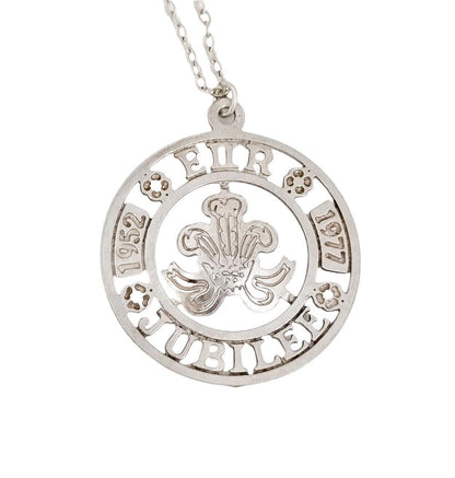 Vintage Elizabeth II 1977 Silver Jubilee openwork pendant necklace on sterling rolo chain