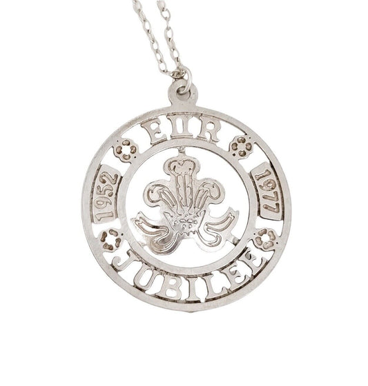 Vintage Elizabeth II 1977 Silver Jubilee openwork pendant necklace on sterling rolo chain