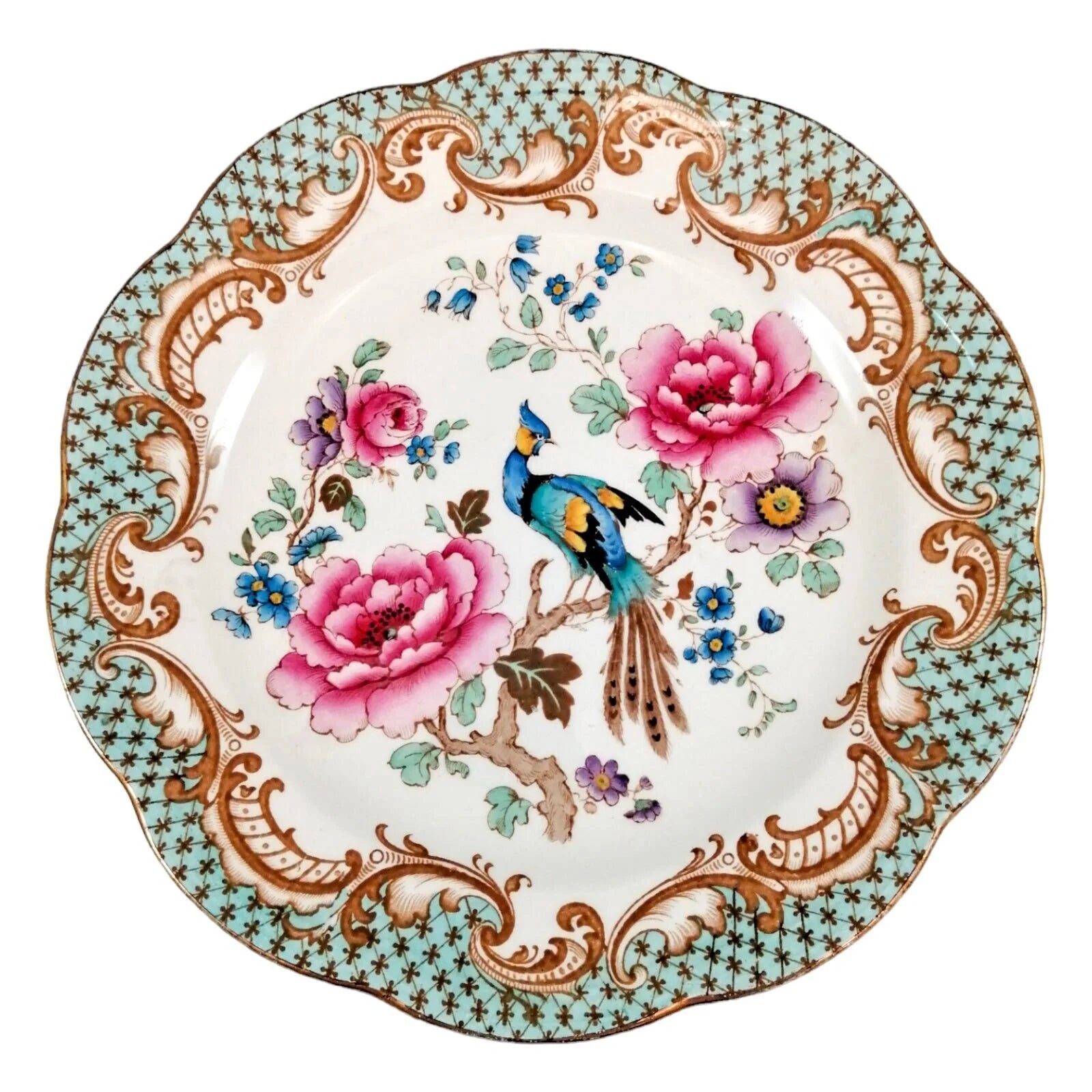 Edwardian Chinoiserie Losol Ware Wilton peacock and chrysanthemum dinner plate