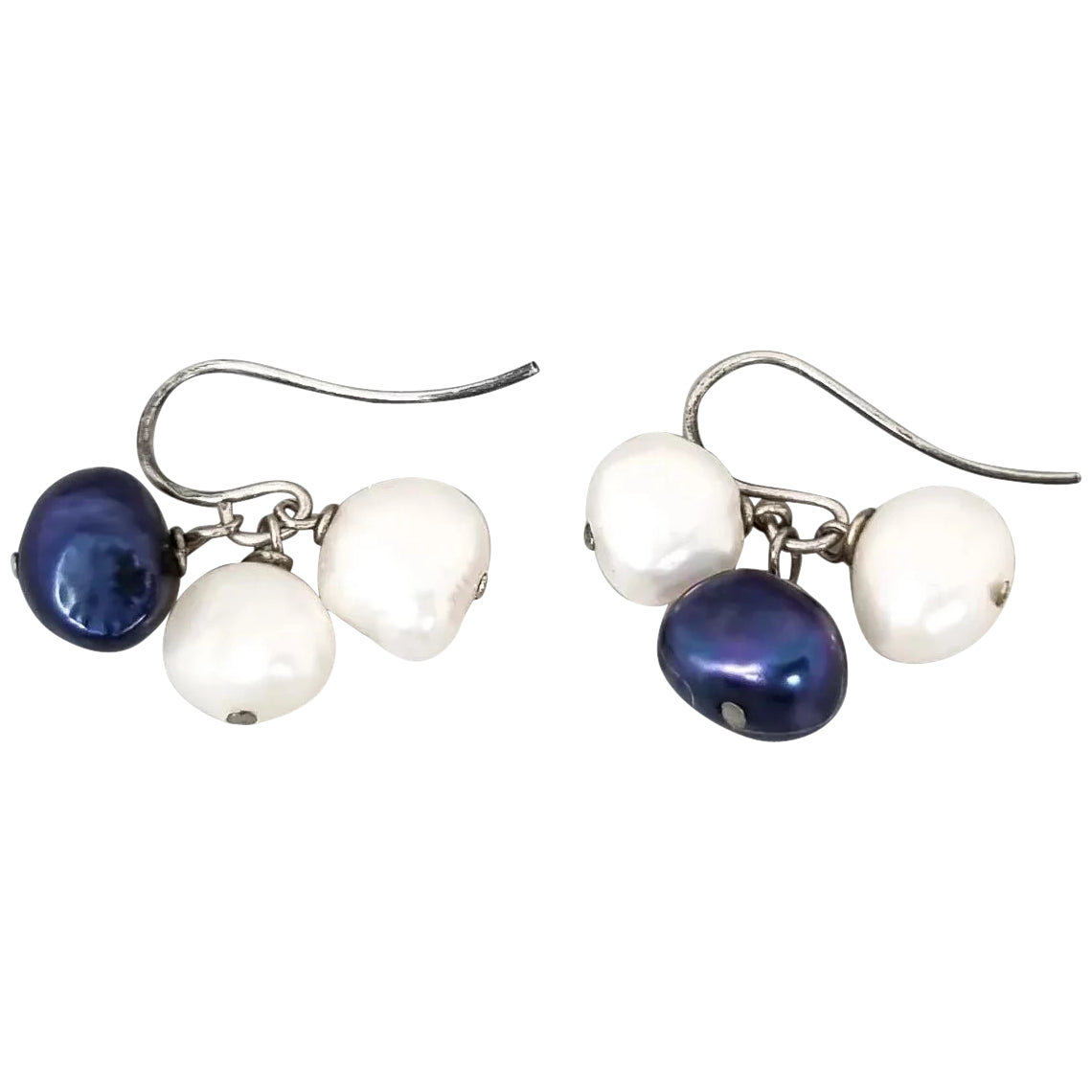 Sterling silver baroque pearl cluster drop earrings, white and night blue