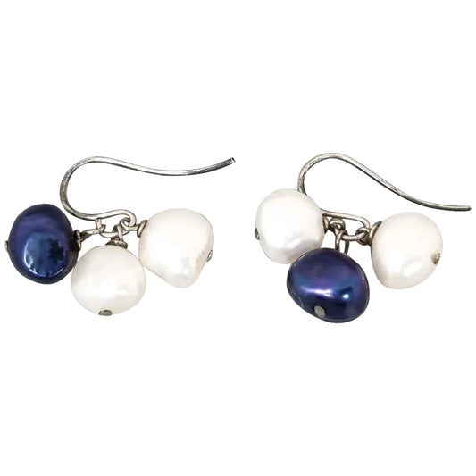 Sterling silver baroque pearl cluster drop earrings, white and night blue