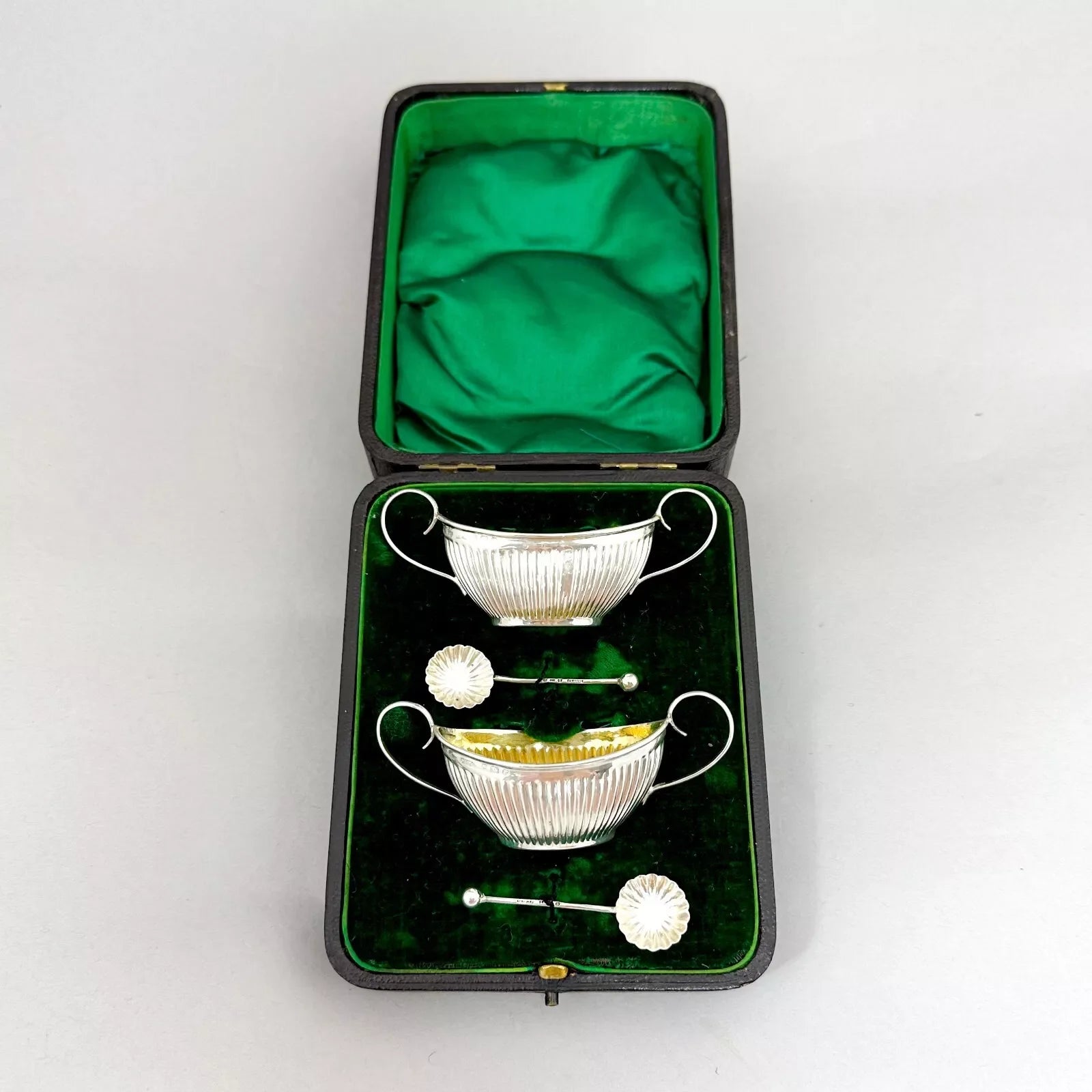 Neoclassical gilt sterling silver boxed navette salts with shell spoons