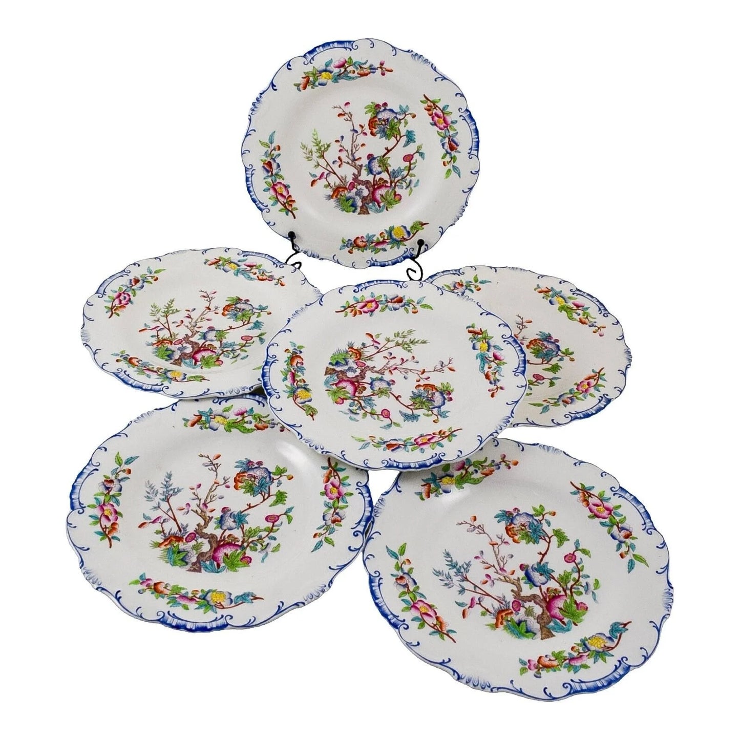 Set of six Victorian Minton porcelain Chinoiserie Indian tree dessert plates, scalloped moulded edges