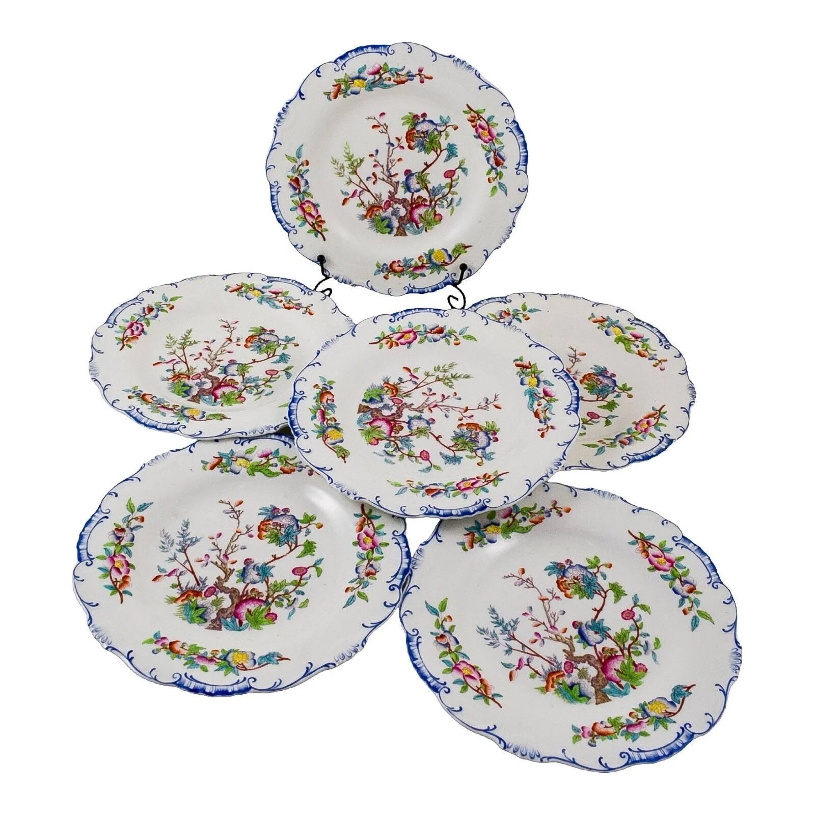 Set of six Victorian Minton porcelain Chinoiserie Indian tree dessert plates, scalloped moulded edges