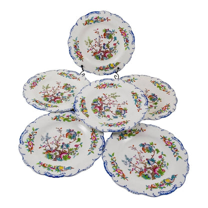 Set of six Victorian Minton porcelain Chinoiserie Indian tree dessert plates, scalloped moulded edges