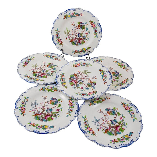 Set of six Victorian Minton porcelain Chinoiserie Indian tree dessert plates, scalloped moulded edges