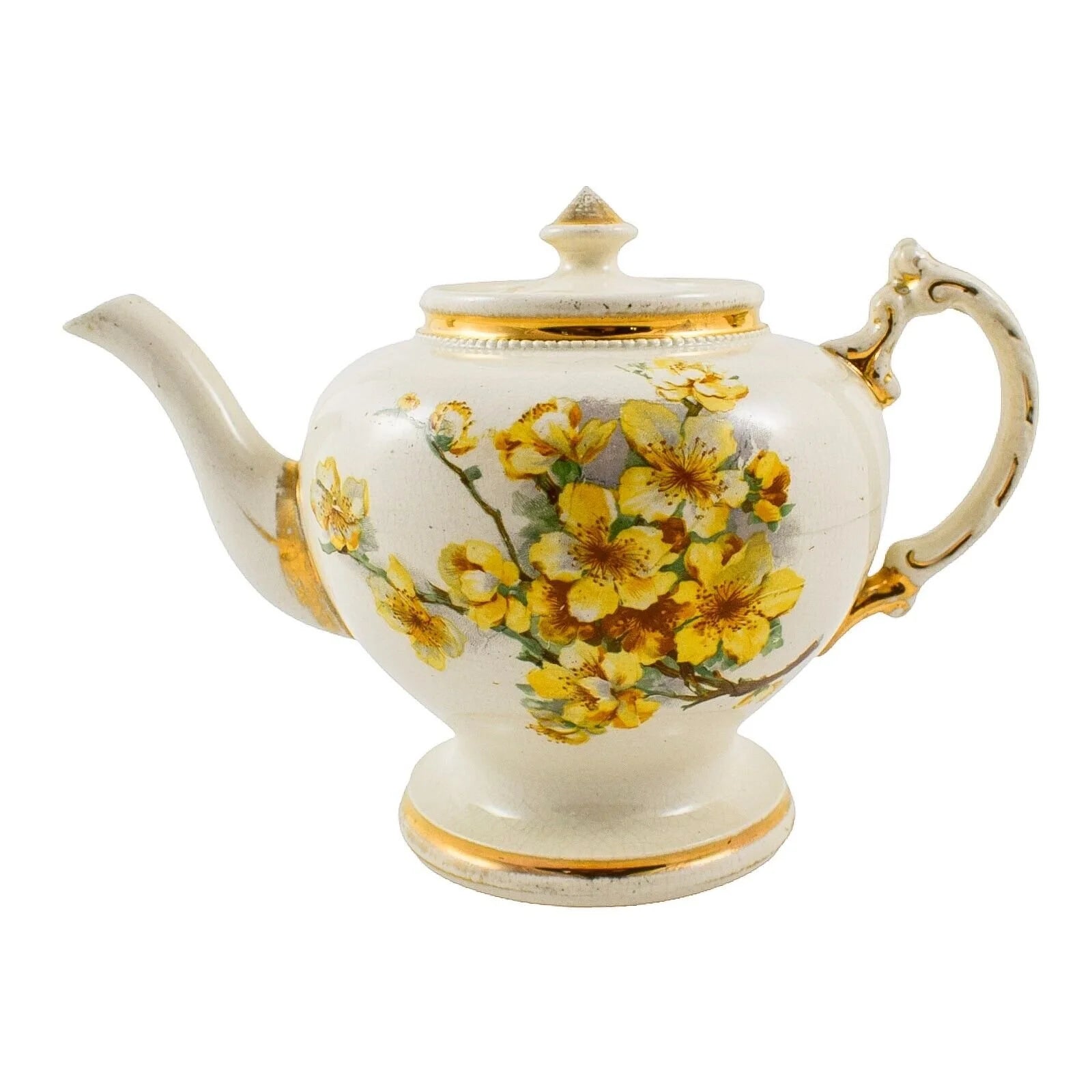 Edwardian pedestal baluster teapot, yellow flowers on cream body, moulded handle