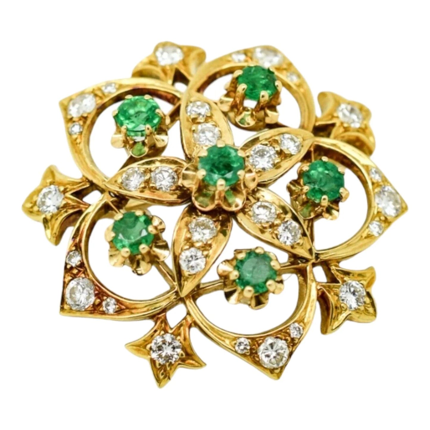 Vintage 18ct yellow gold emerald diamond openwork flower star statement brooch