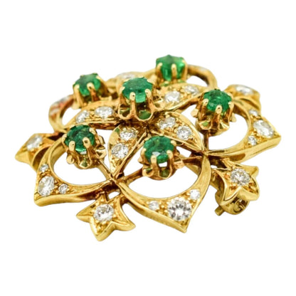 Vintage 18ct yellow gold emerald diamond openwork flower star statement brooch