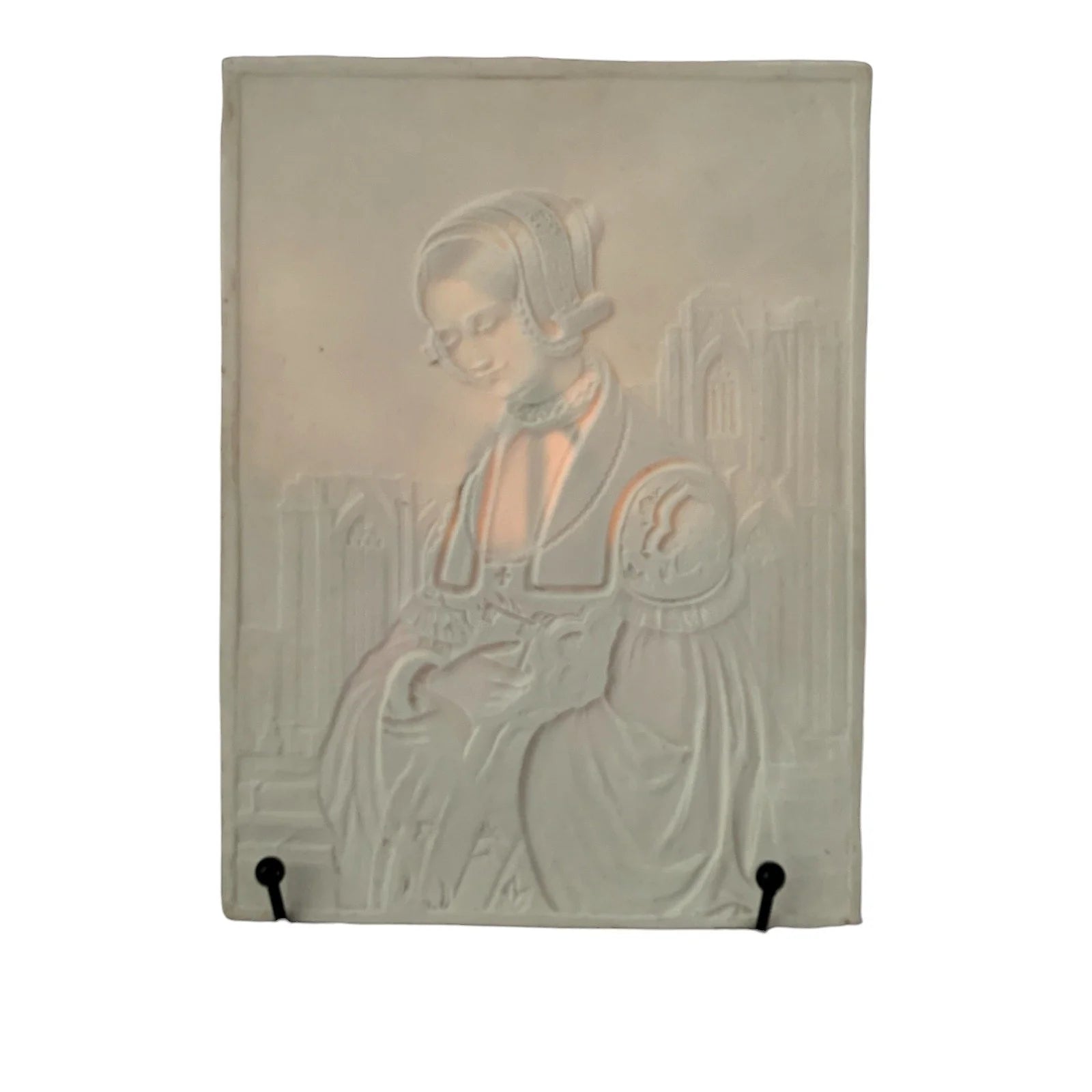 19th century German porcelain lithophane of Renaissance religious young woman in front of Cologne Cathedral (The Churchgoer by Louis Blanc)