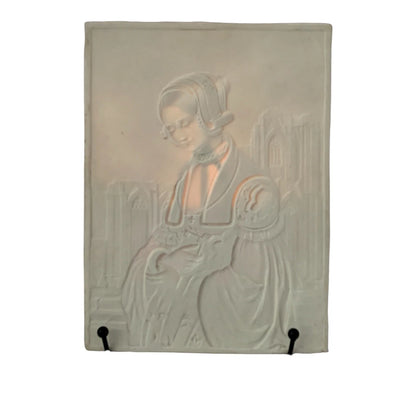 19th century German porcelain lithophane of Renaissance religious young woman in front of Cologne Cathedral (The Churchgoer by Louis Blanc)