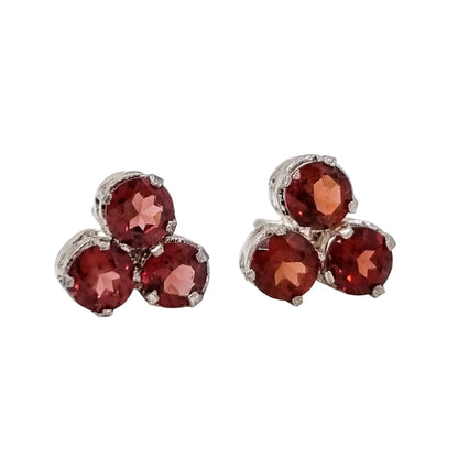 Vintage sterling silver 3 stone red garnet cluster stud earrings, round-cut