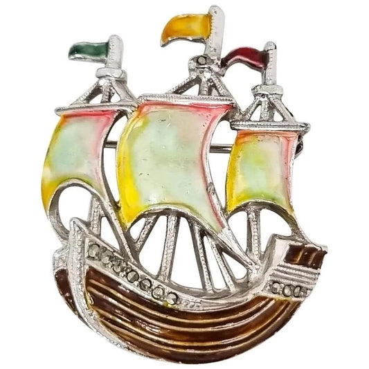 Vintage Bohemian BJL 1940's marcasite enamel novelty ship brooch