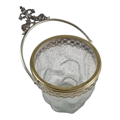 Victorian WMF swing handle ice bucket with frosted crackled glass, ice-cube shape, bird claw tongs