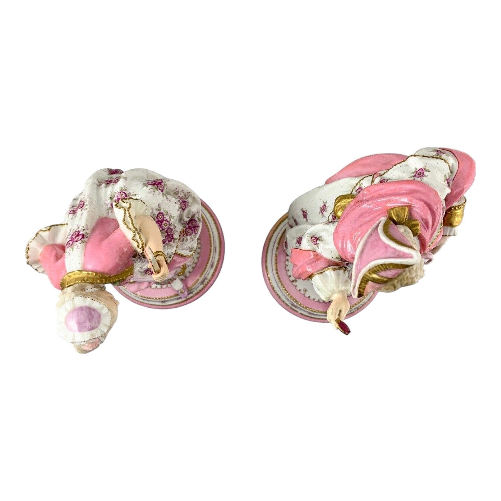 Vion & Baury Paris porcelain pair of 2 figurines of masquerade dancers in Rococo pink floral costumes