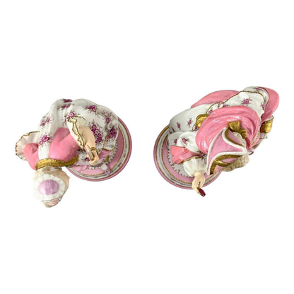 Vion & Baury Paris porcelain pair of 2 figurines of masquerade dancers in Rococo pink floral costumes