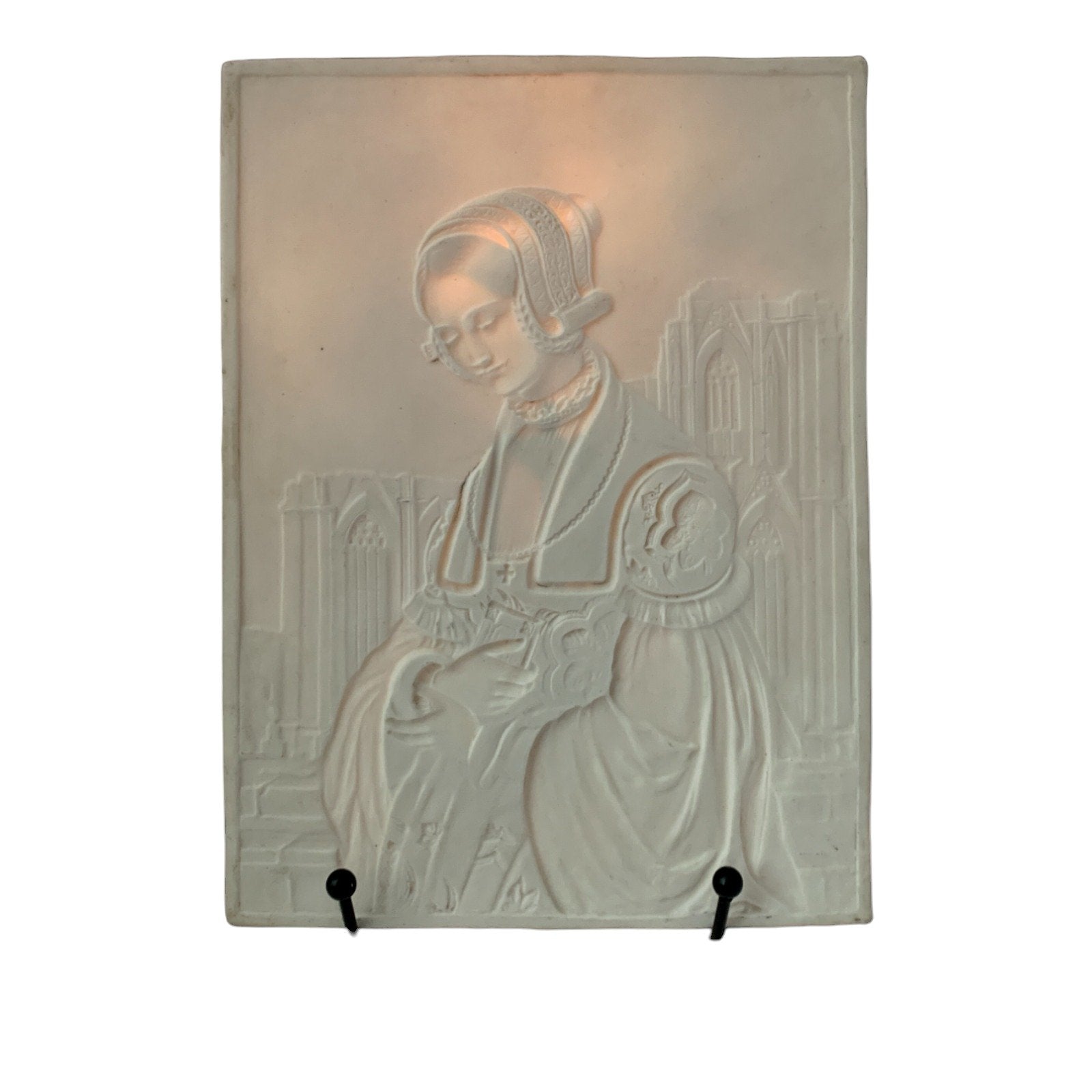 19th century German porcelain lithophane of Renaissance religious young woman in front of Cologne Cathedral (The Churchgoer by Louis Blanc)