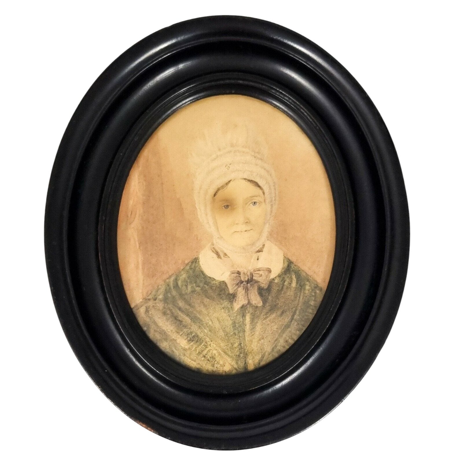 Victorian watercolour miniature portrait of matron in mob cap, oval ebonised frame