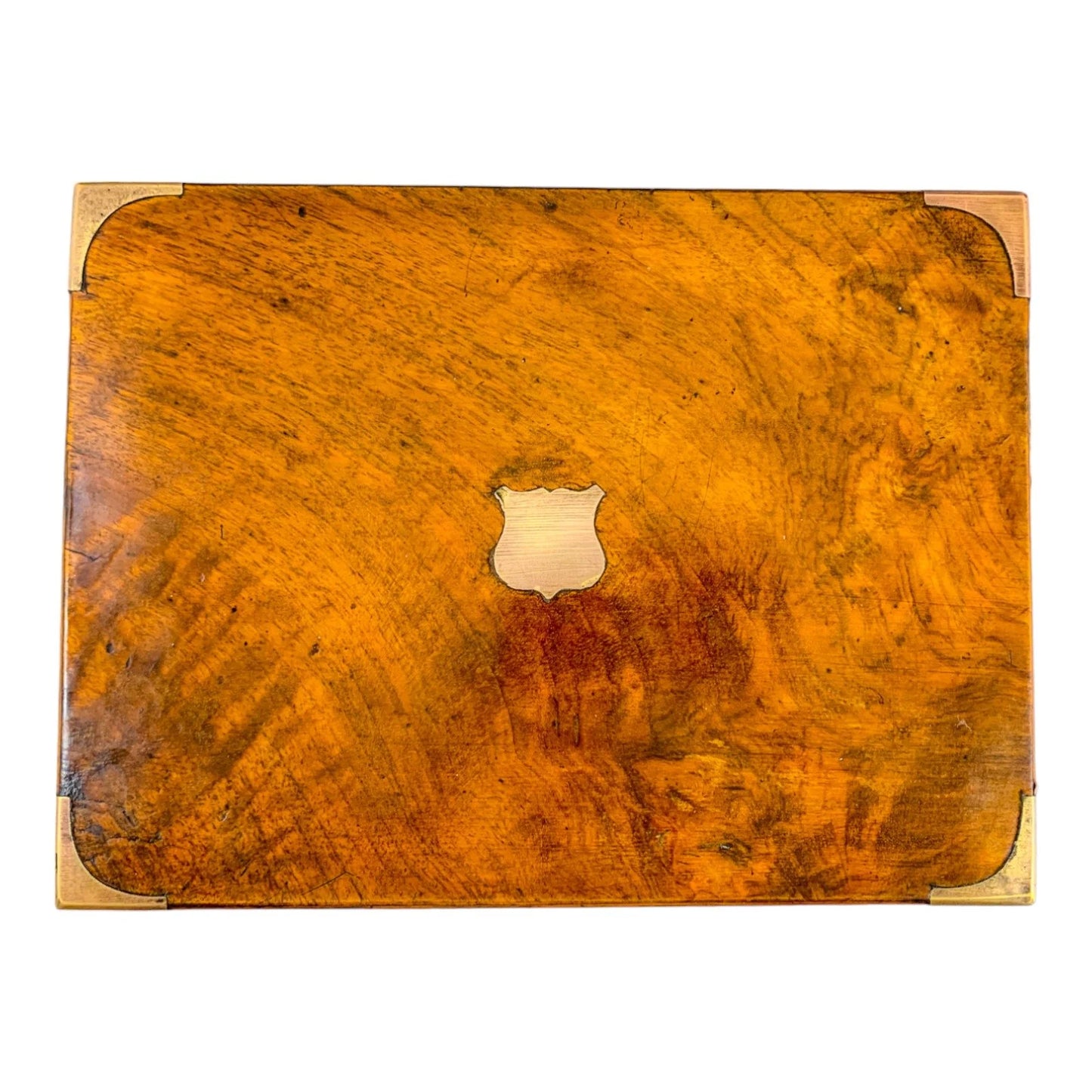 Victorian walnut military campaign writing slope with brass mounts and vacant shield, with key
