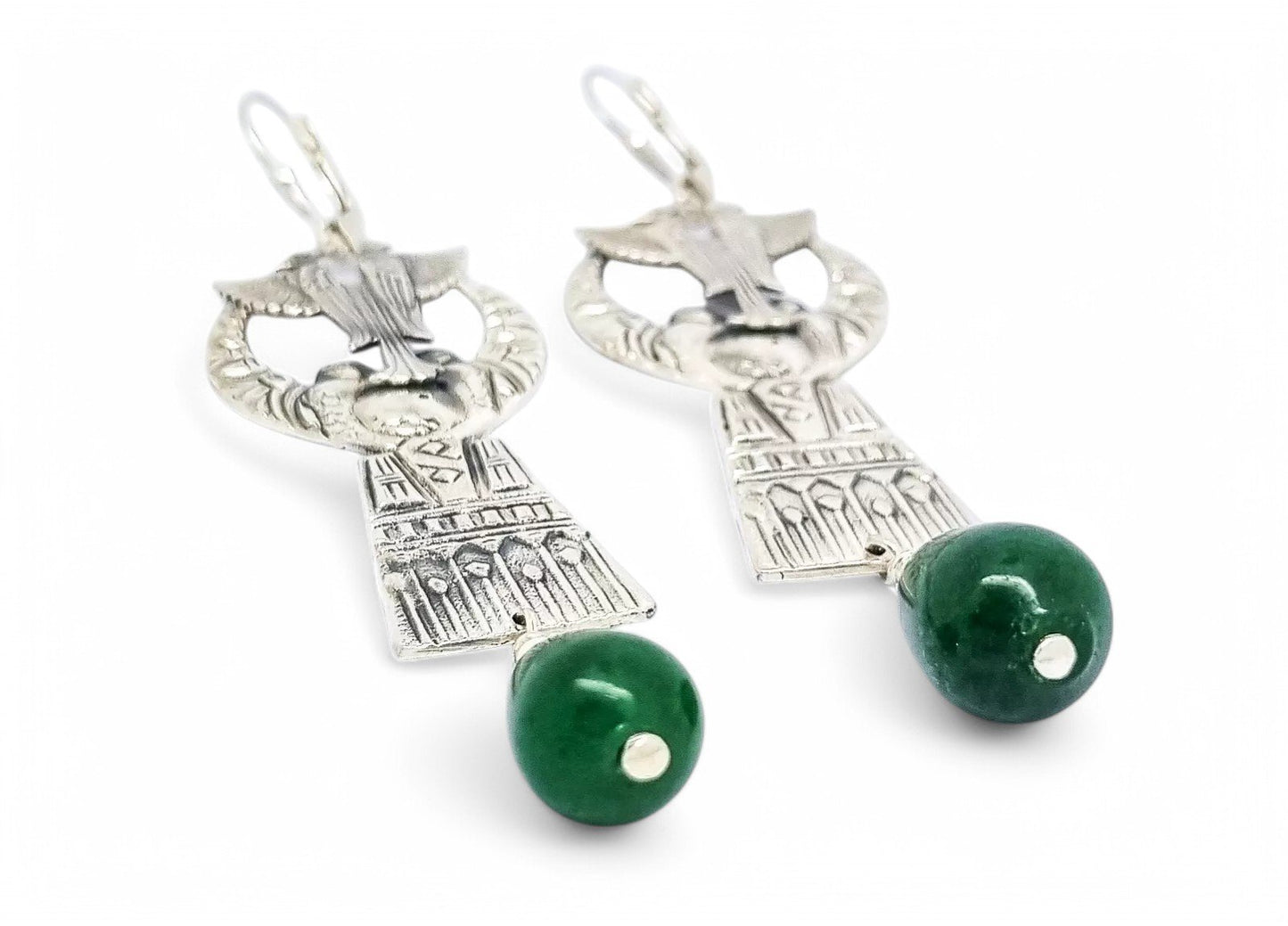 Art Deco Egyptian Revival sterling silver dangle earrings with green jade drops