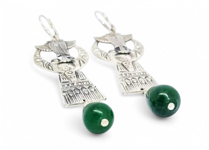 Art Deco Egyptian Revival sterling silver dangle earrings with green jade drops