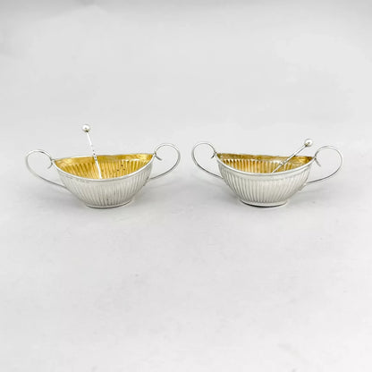Neoclassical gilt sterling silver boxed navette salts with shell spoons