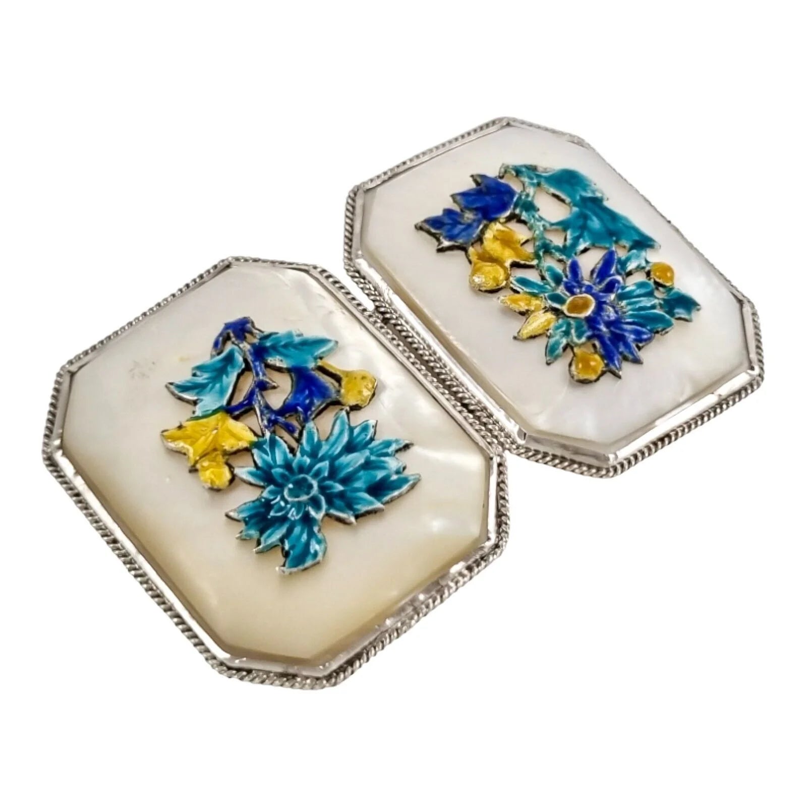 Antique Chinese export silver, enamel and mother-of-pearl large belt buckle, applied chrysanthemum flowers